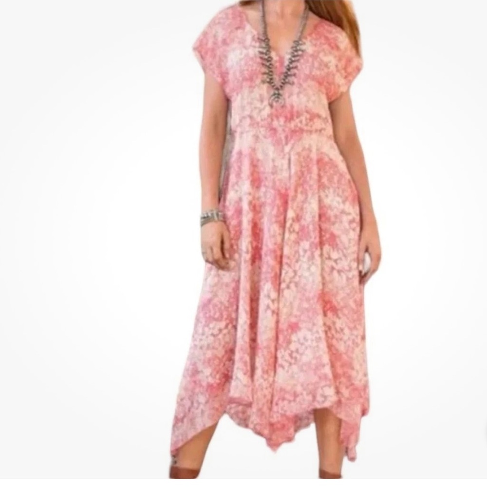 Sundance Avonlea Floral Silk Asymmetrical Hem Dress. Size 8. Coral & cream color